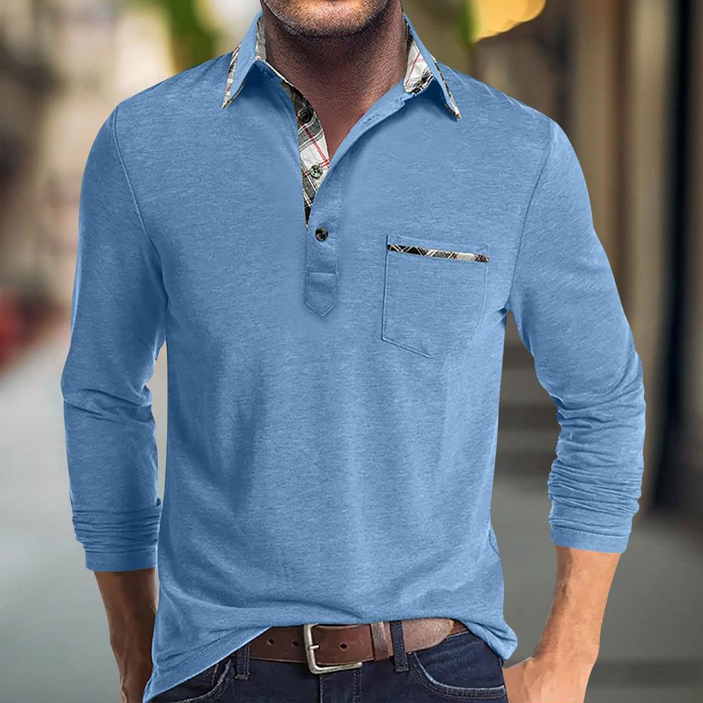 Мужская весенне-осенняя однотонная футболка с лацканами, 3 пуговицы, открытая планка и пуговицы, топ с длинными рукавами