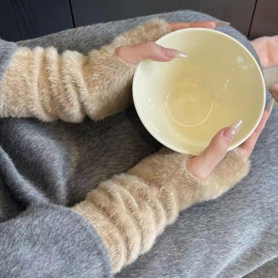 1 пара осенне-зимних перчаток с полупальцами, вязаные из искусственного меха, высокоэластичные, нескользящие, нарукавники, однотонные, сохраняющие тепло, ветрозащитные нарукавники