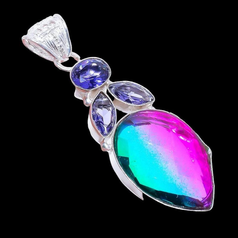Bi-Color Tourmaline, Tanzanite 925 Sterling Silver Jewelry Pendant 2.5" AH-3285