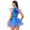 Womens Alien Cosplay Dress Fly Sleeve Front Hollow Out Metallic Shiny Patchwork Tulle Hem Built-in Briefs