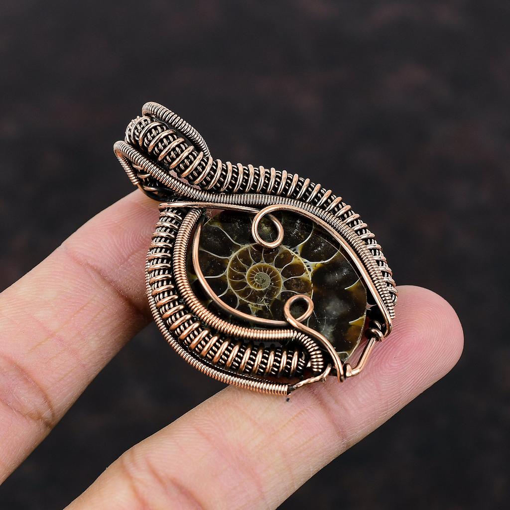 Ammonite Fossil Gemstone Pendant Copper Wire Wrapped Pendant Ethnic Jewelry Handmade Pendant Copper Jewelry Birthstone Pendant Gift For Her