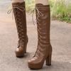 Модные женские сапоги до колена на платформе 2024 года, сексуальные зимние туфли на шнуровке, черные, коричневые, на блочном каблуке, длинные сапоги, женская обувь, большой размер 48