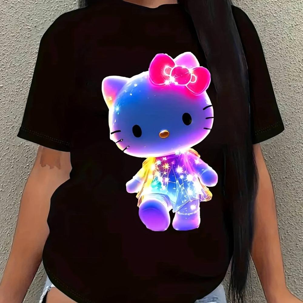 Women's T-shirt - Black base with pink bow and Hello Kitty face pattern, casual style for anime fans in summer