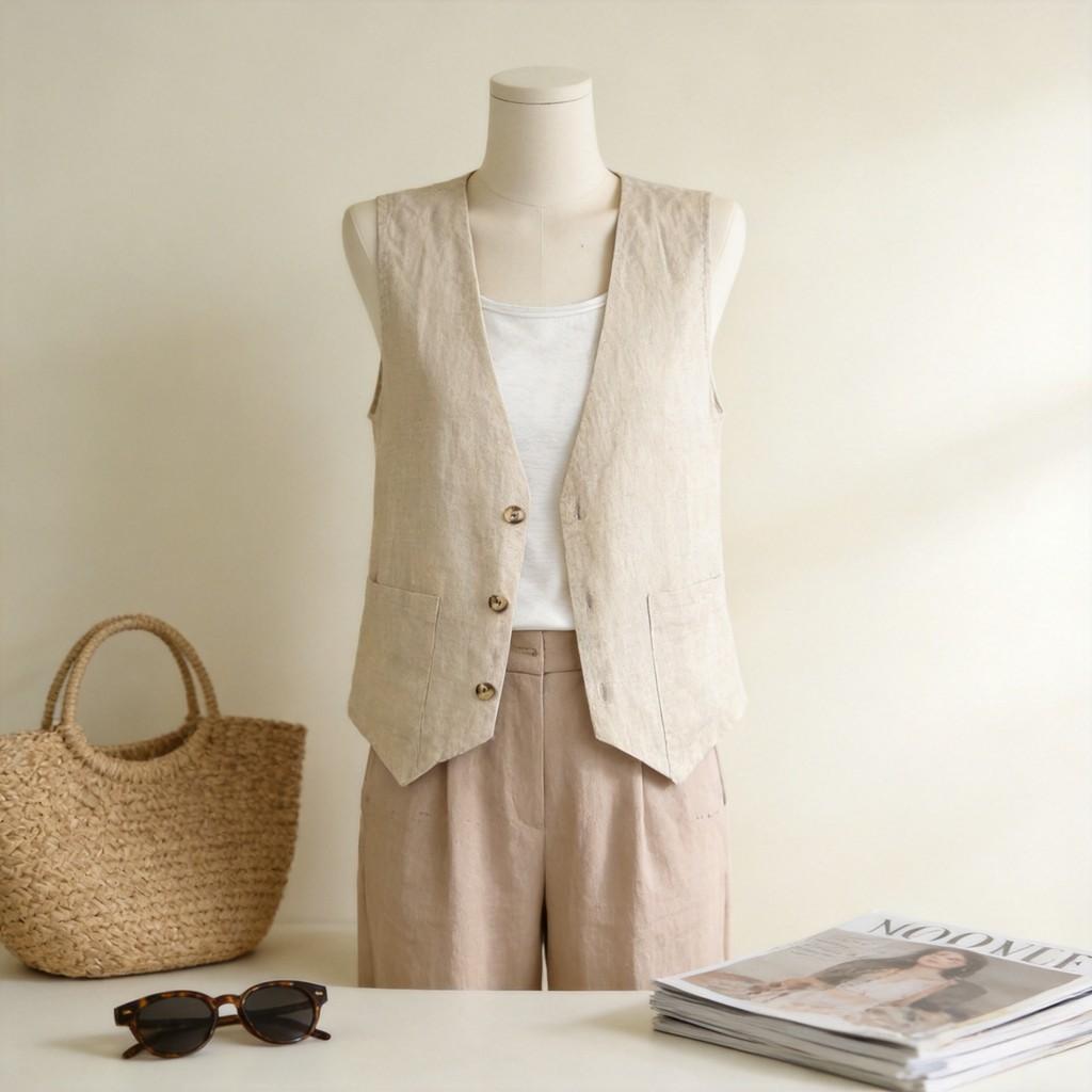 Women Loose Fit Short Linen Vest With Button Detail And V Neck Summer Casual Wear