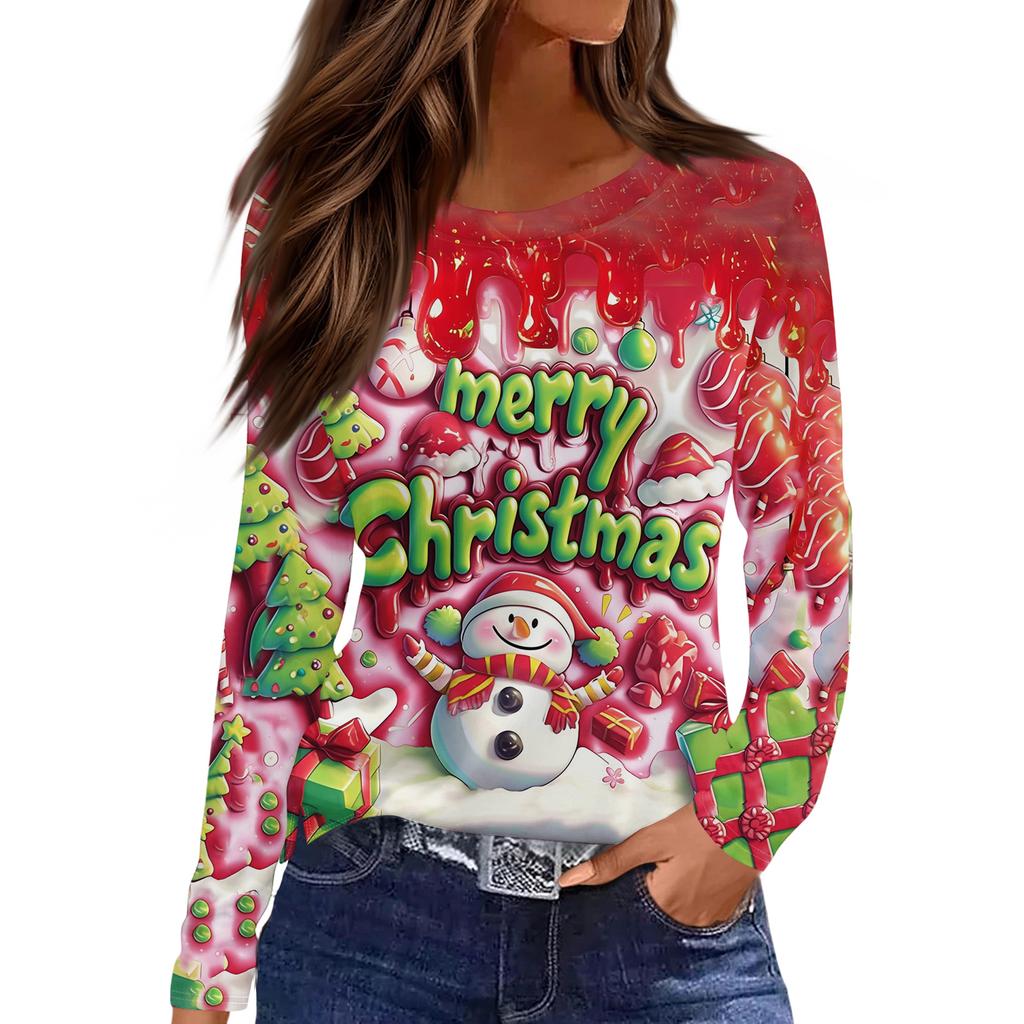 Women's Fashion Casual Slit Hem Round Neck Long Sleeve Loose Printed T-Shirt Ladies Top