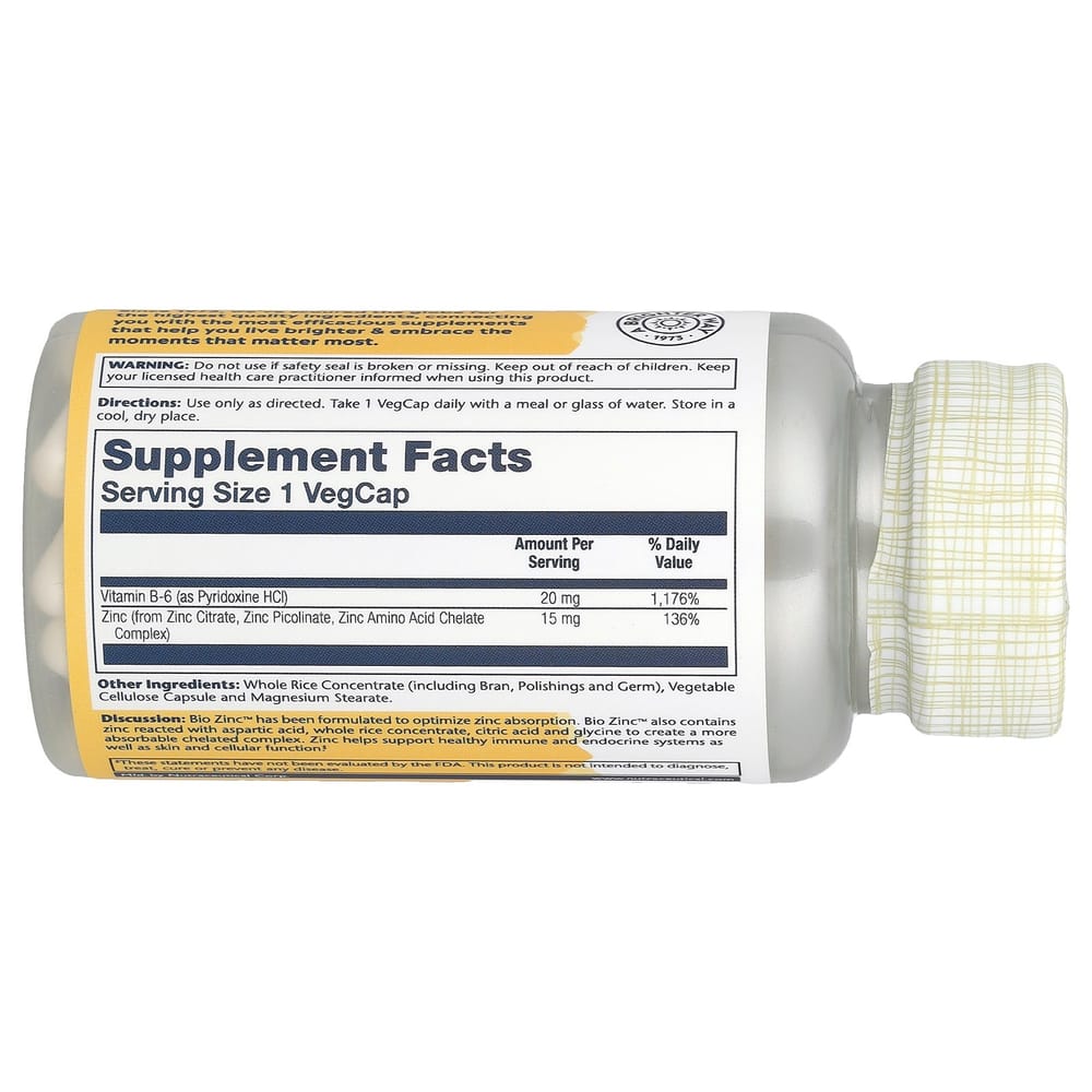 Solaray Bio Zinc 15 mg, 100 Vegetable Capsules