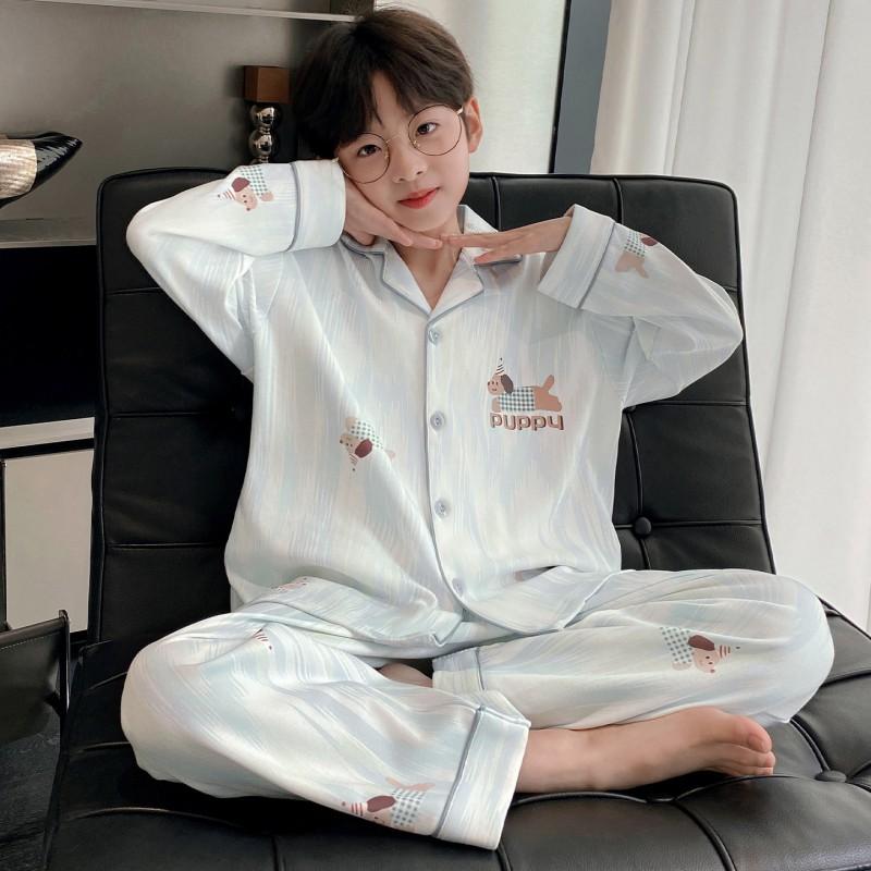 Boys Cotton Pajama Set Long Sleeve Open Front Cartoon Print Home Wear Kids Teens
