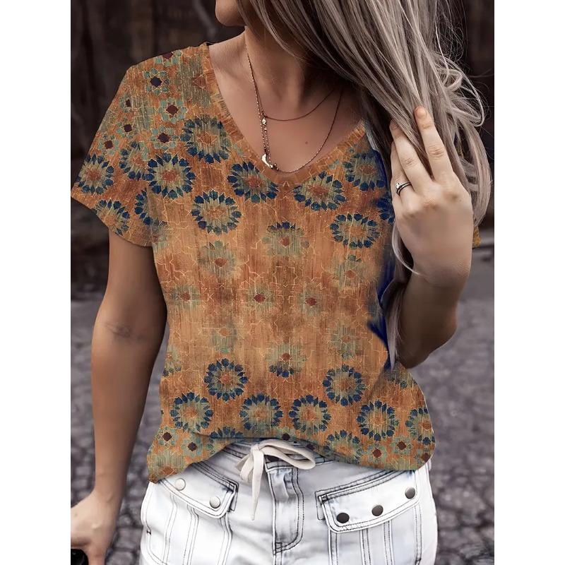 Модная женская футболка с V-образным вырезом, летняя уличная мода, топы с коротким рукавом, цветочные принты, свободная одежда больших размеров