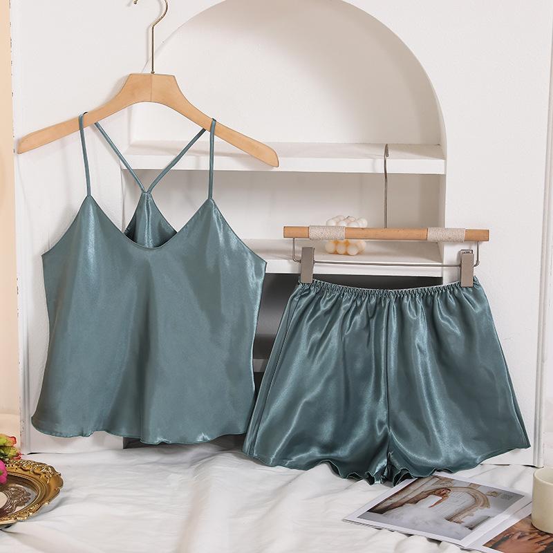European and American imitation silk pajamas women's summer suspender pajamas V-neck summer sexy summer shorts set