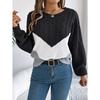 Women's Autumn/Winter Sweatshirt-Style Casual Colour-Block Cable-Knit Bell-Sleeve Pullover Loose-Fit Knitted Top for Ladies