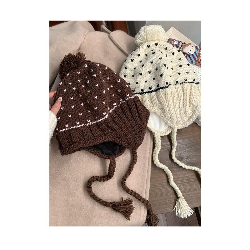 Women Winter Knit Hat With Ear Flaps Pom Pom For Students Cycling Warm
