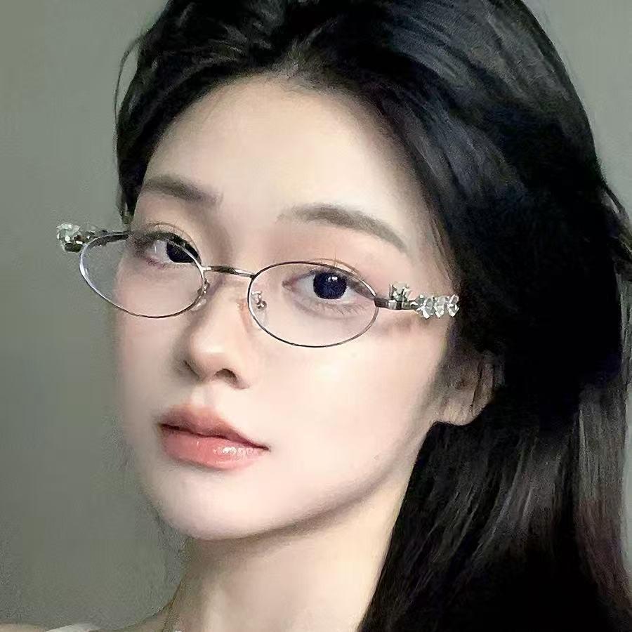 Овальные очки Y2K с серебряной оправой, инкрустированные бриллиантами GM - Женская маленькая оправа, совместимая с миопией, макияж-фри.