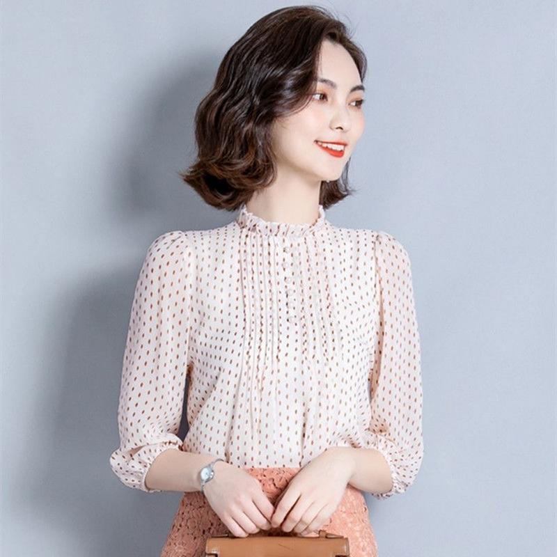 Spring Autumn Women's Chiffon Blouses Shirts Lady Casual Long Sleeve O-Neck Polka Dot Printed Chiffon Blusas Tops