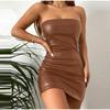 Women Off Shoulder Strapless Dress Pu Leather Solid Color Sexy Dress Evening Club Dress Beach Street Dresses Summer
