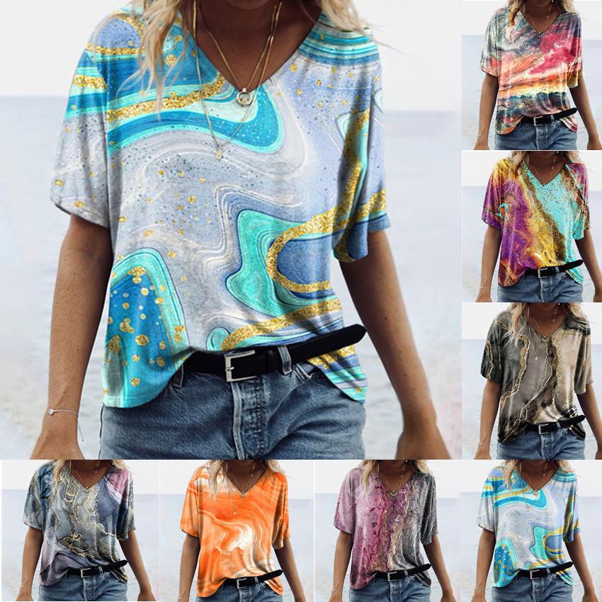 Marble Digital Printed Tie Dyed T-shirts Summer Women V Neck Short Sleeve Loose 3D T Shirt