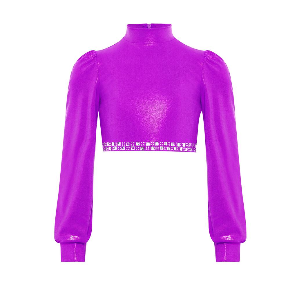 Girls Jazz Dance Top Mock Neck Long Sleeves with Invisible Zipper Back Shiny Rhinestones Metallic Dancewear
