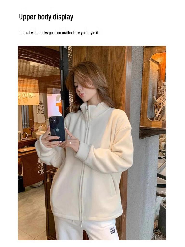 Women's Fleece Jacket with Lamb Wool Lining - Warm Zip Cardigan for Autumn/Winter