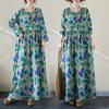 Spring Floral Print Round Neck Retro Loose Long Dress Green Blue Long Sleeve Cotton Linen Dress Women's Clothing