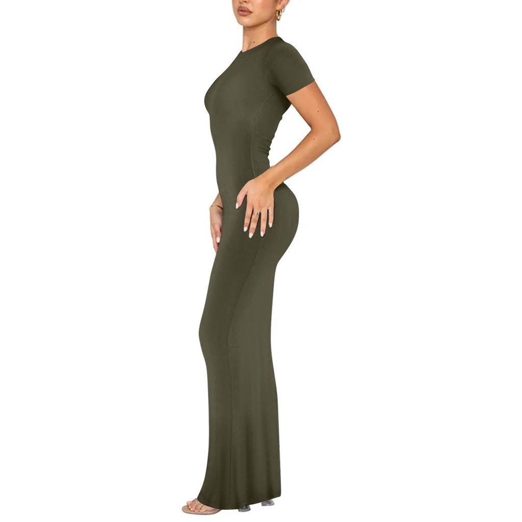 Женское модное и сексуальное однотонное длинное платье с круглым вырезом и короткими рукавами