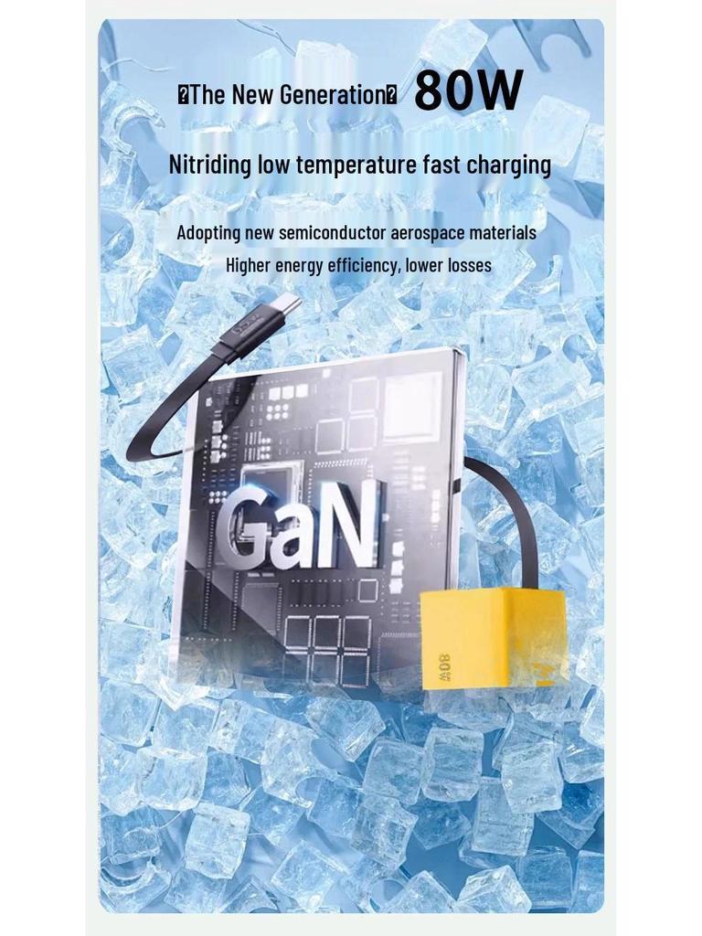 Быстрое зарядное устройство на нитриде галлия с выдвижным кабелем 8 см для устройств Apple, Huawei и Android