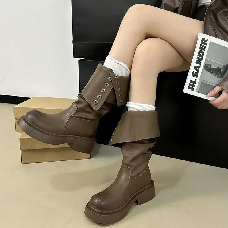 Сапоги до колена женские модные женские сапоги на пуговицах с низким каблуком рыцарские сапоги новые осенне-зимние женские длинные сапоги Zapatos De Mujer
