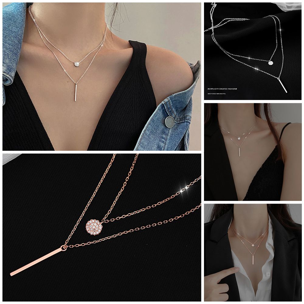 Zircon Round Shiny Rose gold 925 Sterling Silver Long Pendant Clavicle Chain Double Layer Necklace