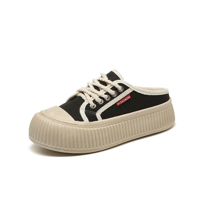 Thick Bottom Toe Cap Half Slippers Women's Outdoor Wear Summer New White Shoes Canvas Shoes Sandals Ins Fashion