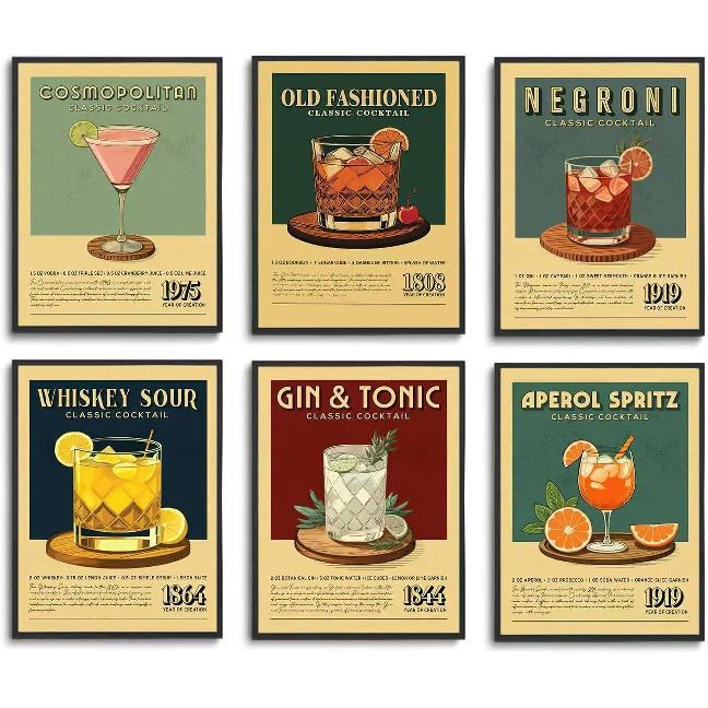 Fetyiu Vintage Cocktail Poster - Bar Cart Accessories and Decor,Retro Cocktail Wall Art, Funky Drink Aesthetic Pictures, Colorful Preppy Bar Art