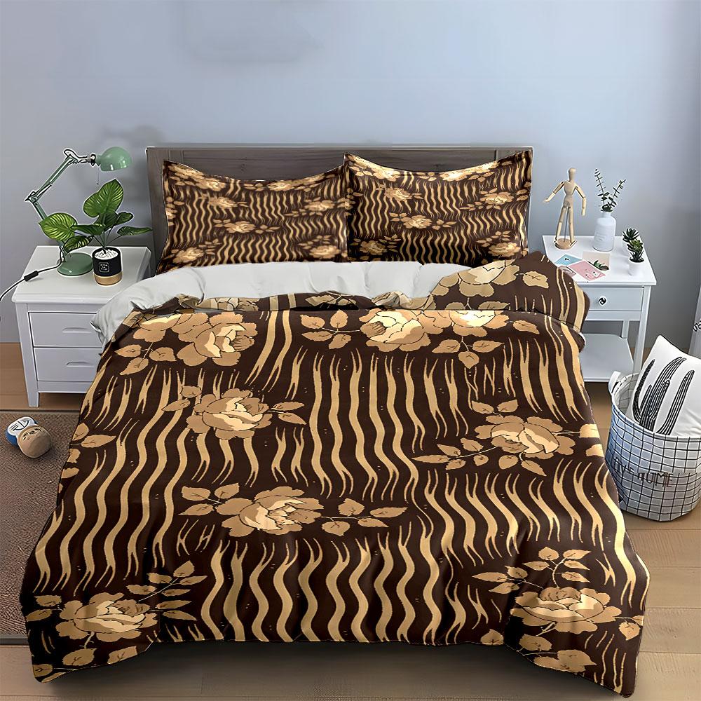 Beige flowers, wavy stripes. Bedding sets Duvet cover sets Duvet covers Pillowcases(1 * Duvet Cover 2 * Pillowcases without duvet insert)