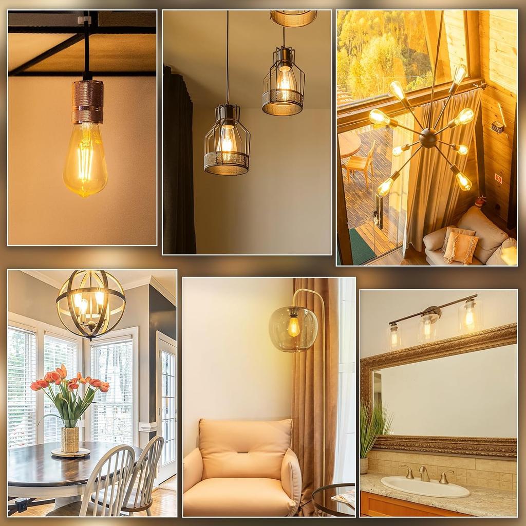 Винтажная лампочка E27 Лампа Эдисона с винтовым цоколем, 6 Вт эквивалент 60 Вт, Ретро лампа из янтарного стекла, 2200 К теплый белый, Недиммируемая, Светодиодная лампа с нитью накаливания ES