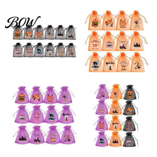 Party Favor Bag 12 Pcs Halloween Organza Candy Bag, Drawstring Treat Pouch with Pumpkin Ghost Bat Spooky Print, Sheer for Snacks, Trick or Gift