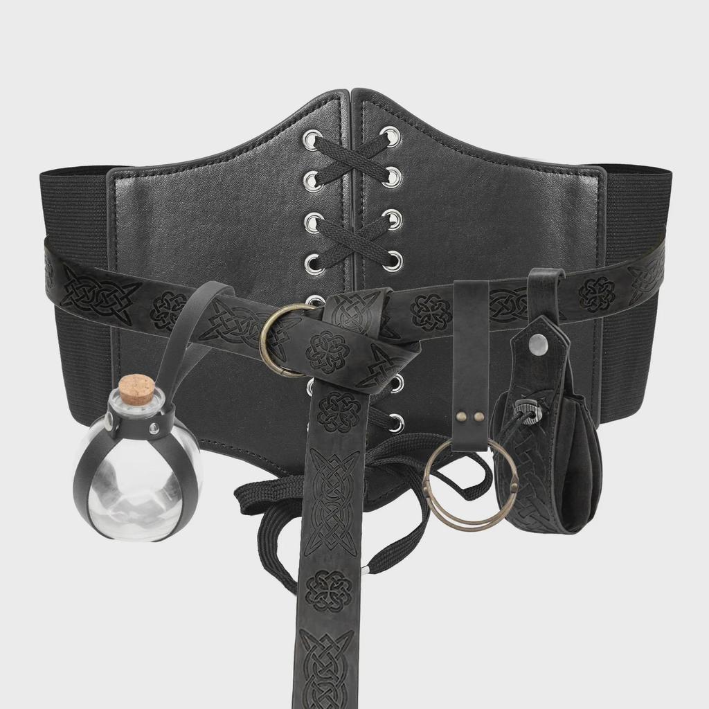 5-Piece Renaissance Costume Set: Corset, Belt, Pouch, Coin Purse, Potion Bottle Props