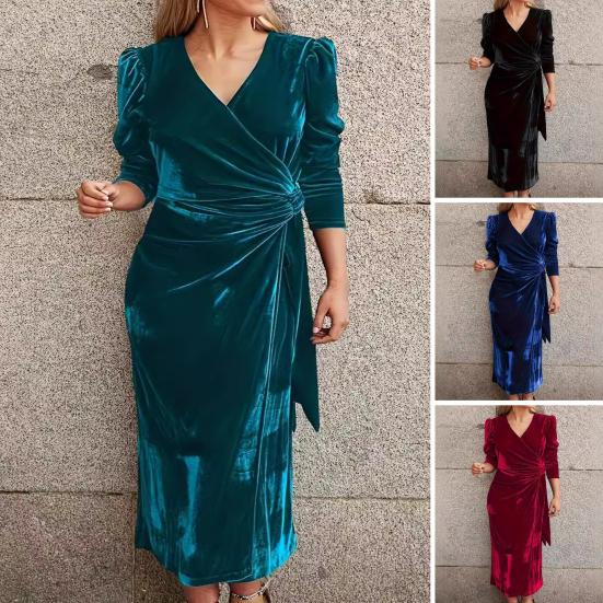 Женское однотонное длинное платье с v-образным вырезом и шнуровкой