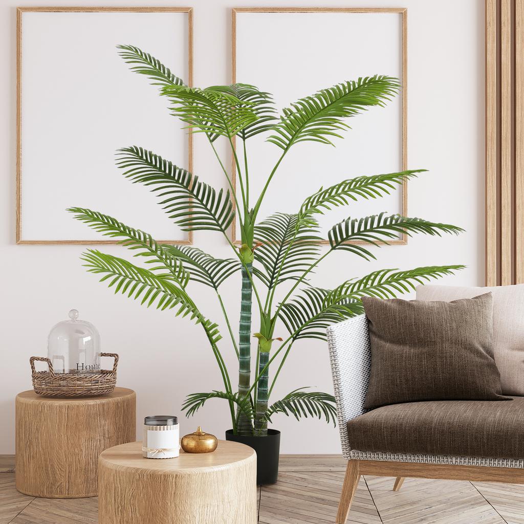 Artificial Palm Tree with 16 Plastic Leaves, UV-Resistant Artificial Plant with Plastic Pot, for Indoor and Outdoor, Green