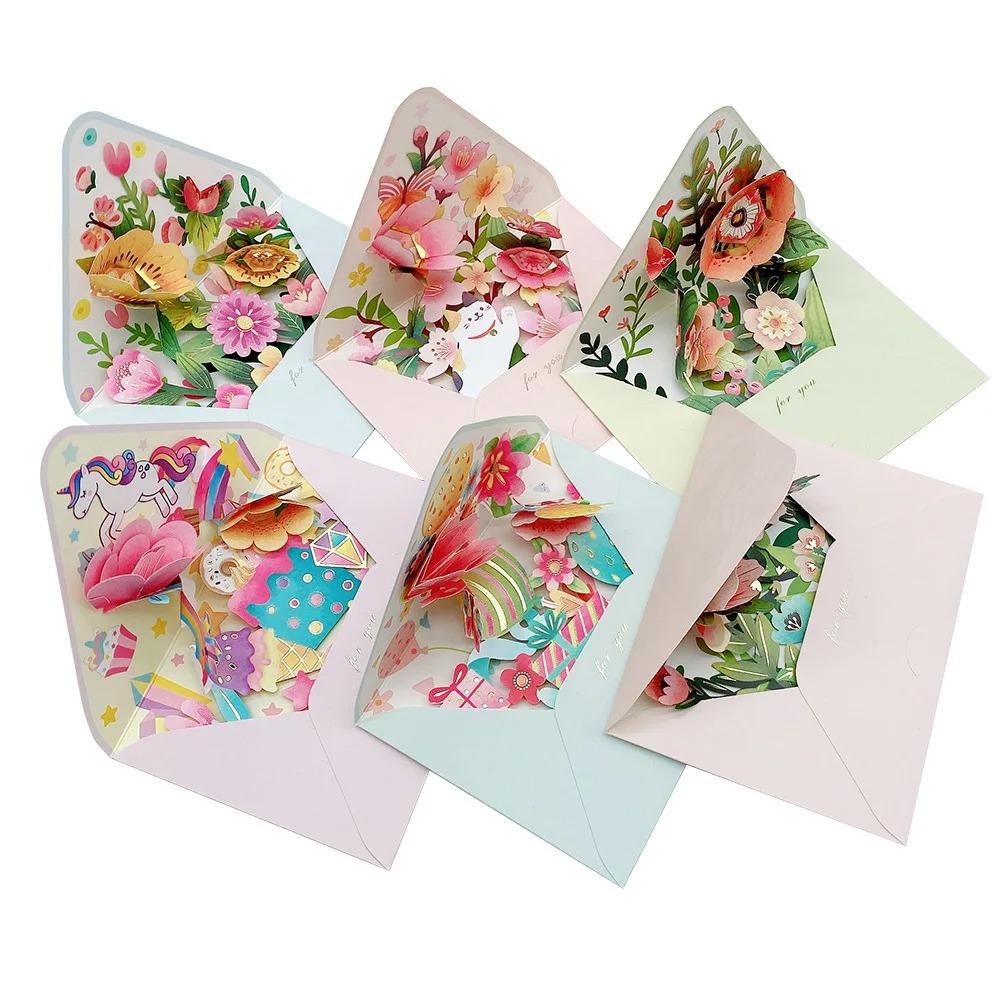 Romantic Flower Birthday Christmas Card with Envelope Flowers Postcard Wedding Party Invitation