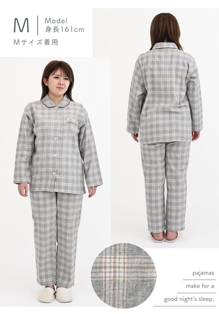 Kaituck Family Women's Flannel Shirt Pajamas, Long Sleeve, Check Pattern, Spring/Autumn (Size L, Gray)