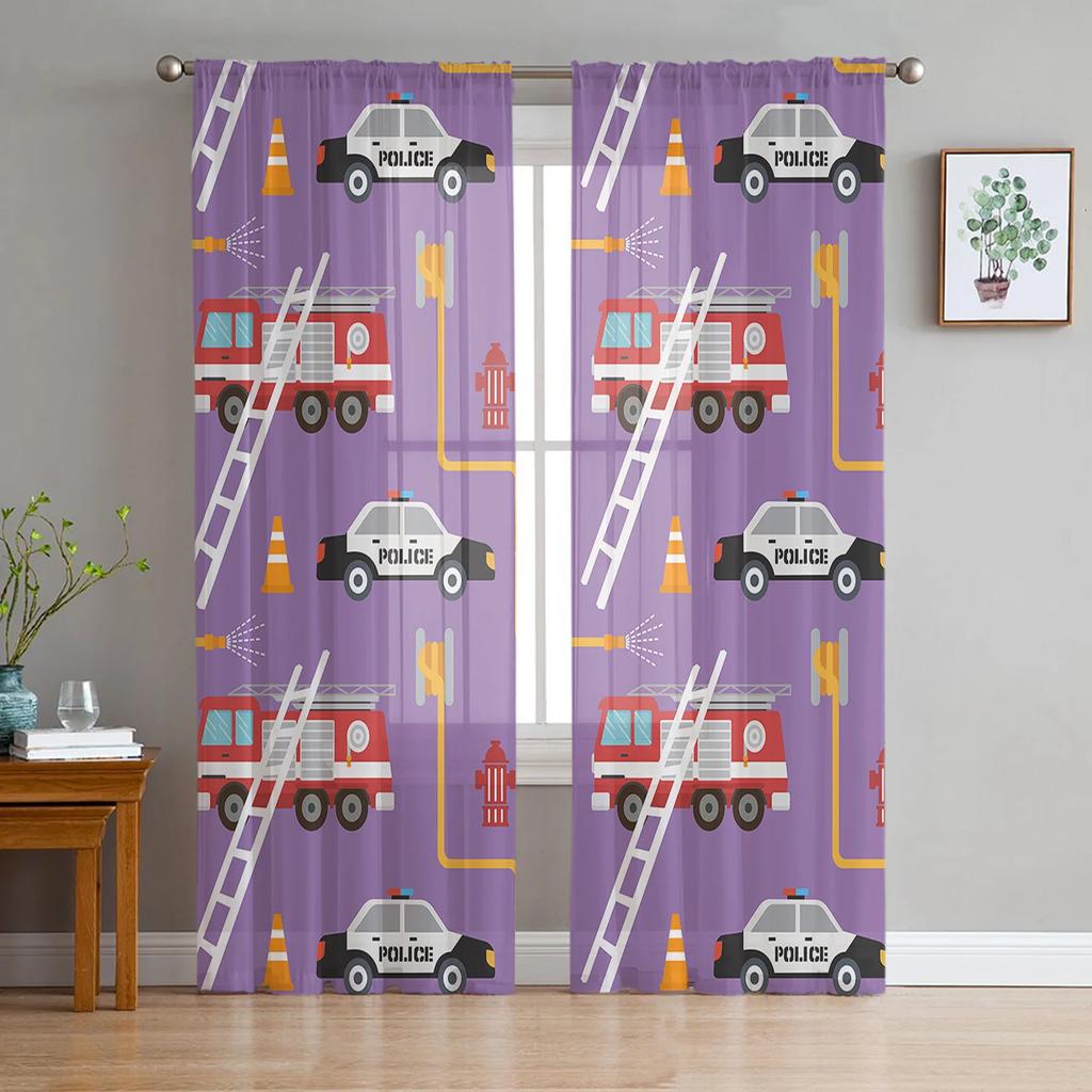 Cartoon Fire Truck Gray Sheer Curtains for Bedroom Living Room Decoration Window Curtain for Kitchen Tulle Voile Organza Drapes