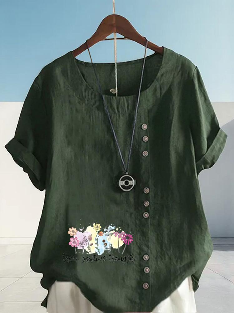 Women's Fashion Flower Black Letter Print Round Neck Short Sleeve T-shirt Casual Cotton Linen Graphic Shirt Leisure Loose Summer Blouse Tops