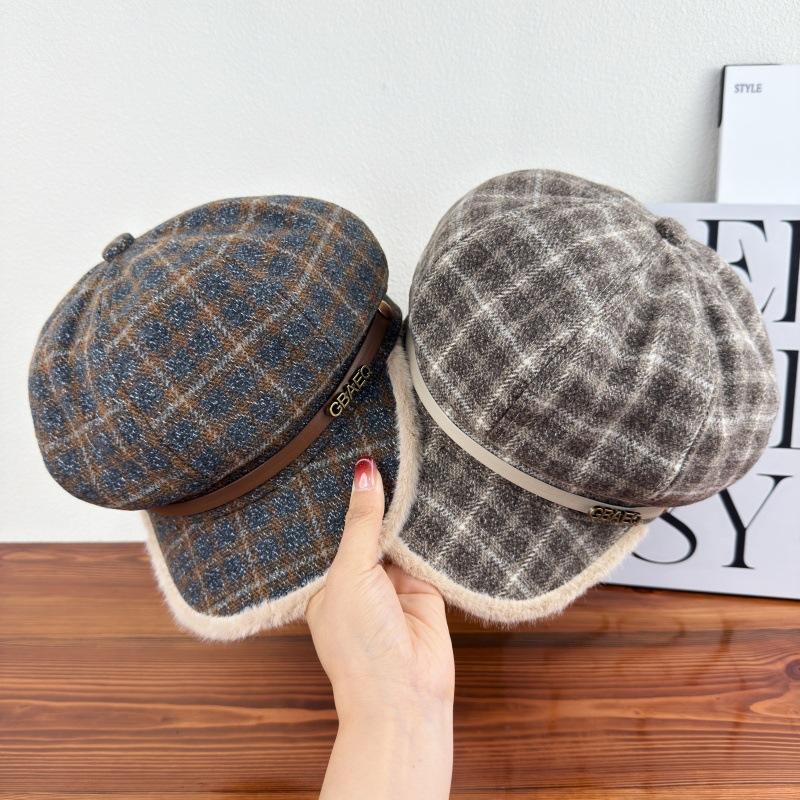 Korean ins plaid octagonal hat women's autumn new wide-brimmed fashionable versatile face newsboy hat