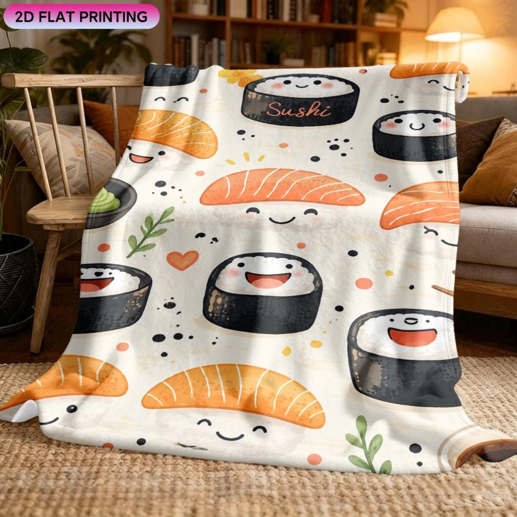 1pc Blanket Cute Sushi Illustration Winter Fleece Blanket Soft HD Digital Print Modern Style Nap Blanket Soft Warm Gift Fleece Bla