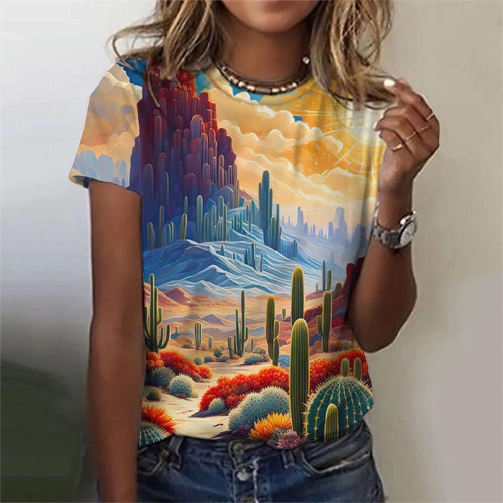 Natural Scenery Pattern T-Shirt For Women Sunset Plants 3D Printed T Shirts Summer Fashion Street Tees O-Neck Tops Short Sleeves