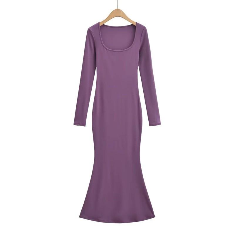 Elegant Square Neck Long Sleeve Mermaid Fit-and-Flare Dress Women Fall Slimming High Waist Cotton Blend