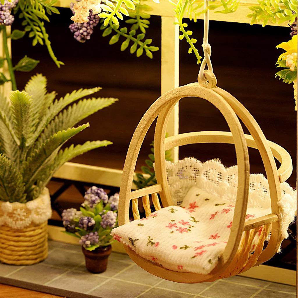 CUTEROOM Miniature Dollhouse Kit with Dustproof Cover and LED Light DIY House Wooden Dollhouse Kit for Teens Creative Gift for Craft Lovers Furniture,