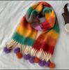 2024 Women's Dopamine Stripe Mohair Scarf with Pom-pom – Thickened, Warm for Autumn/Winter.