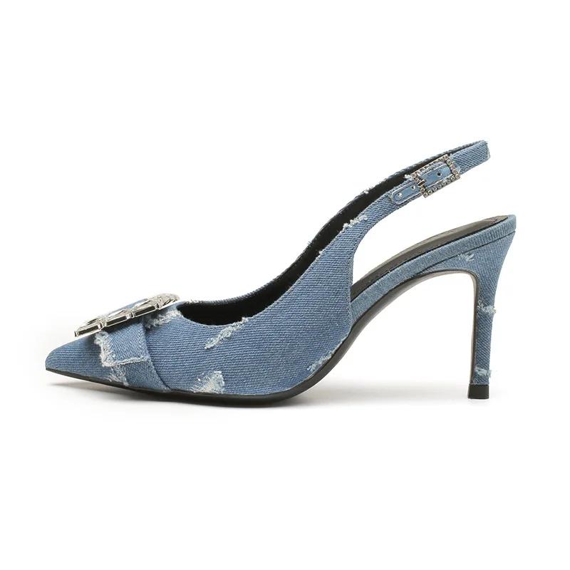 Модные женские сексуальные синие джинсовые туфли со стразами на высоком каблуке летние корейские модные босоножки с острым носком туфли-лодочки на тонком каблуке вечернее платье повседневная обувь