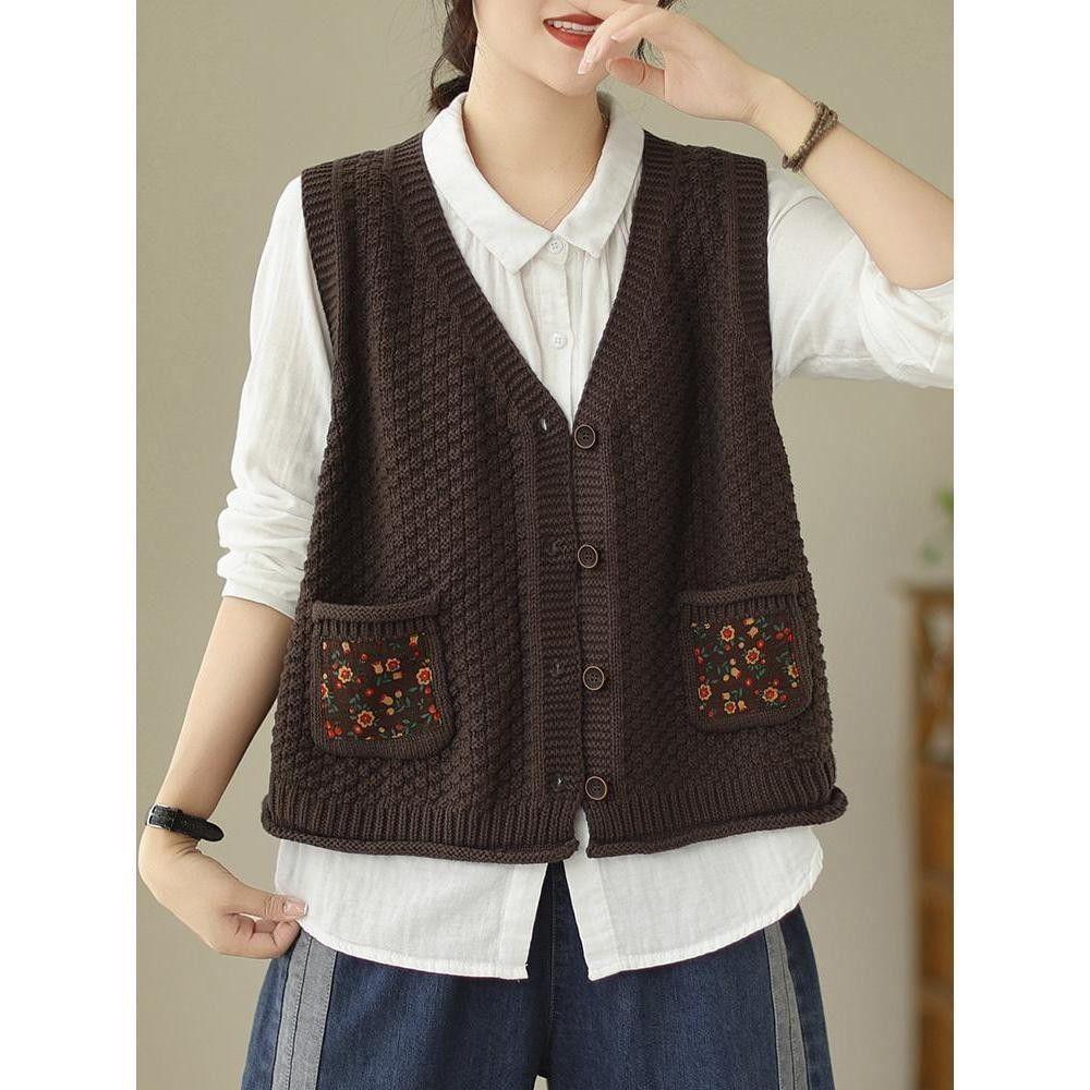 Женский вязаный жилет-кардиган из хлопка с цветочным накладным карманом, свободный и утягивающий, осенний повседневный с V-образным вырезом, без рукавов