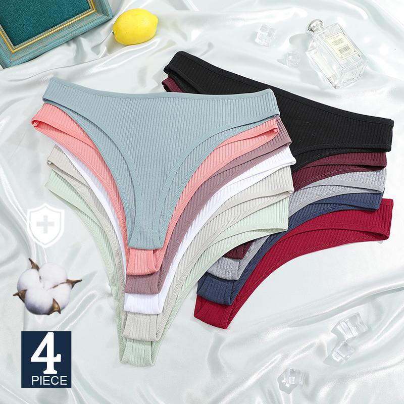 FINETOO 4PCS Cotton Briefs for Lady Sexy Low-Waist Brazilian Panties Female Soft G-String Underwear T-Back Solid Lingerie Bikini