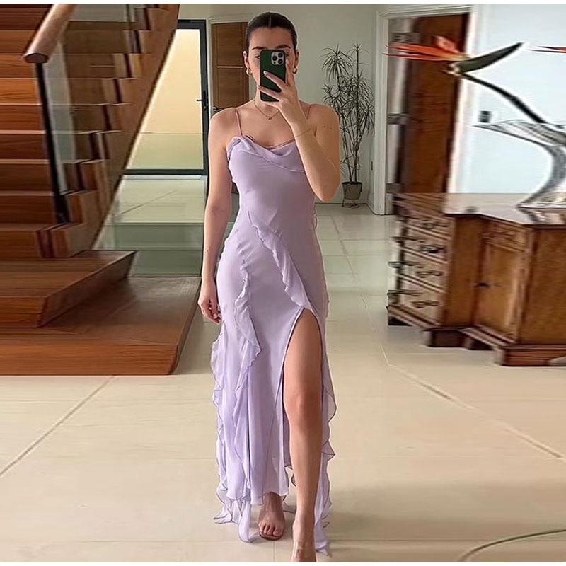 Ruffles Floral Backless V-neck Long Female Camisole Beach Dresses Summer Vacation Side Split Lady Robe