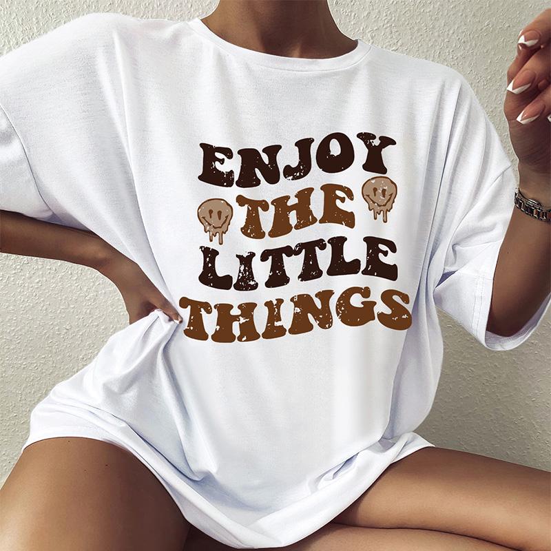Цветная футболка большого размера Enjoy The Little Things, свободная футболка со смайликом и позитивными высказываниями, женская модная повседневная хлопковая эстетичная футболка