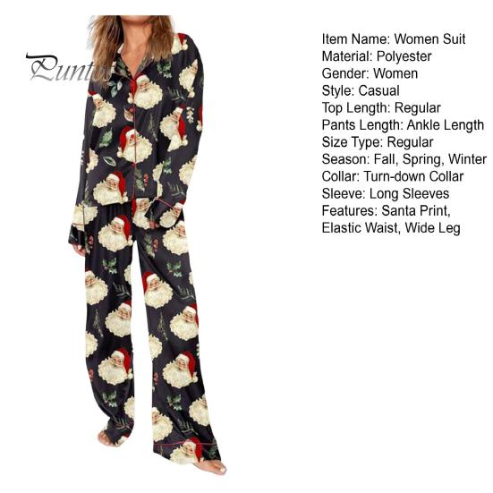 2 шт./комплект рождественская женская пижама костюм атласный Санта принт лацкан длинный рукав топ широкие брюки пижамы повседневная домашняя одежда одежда